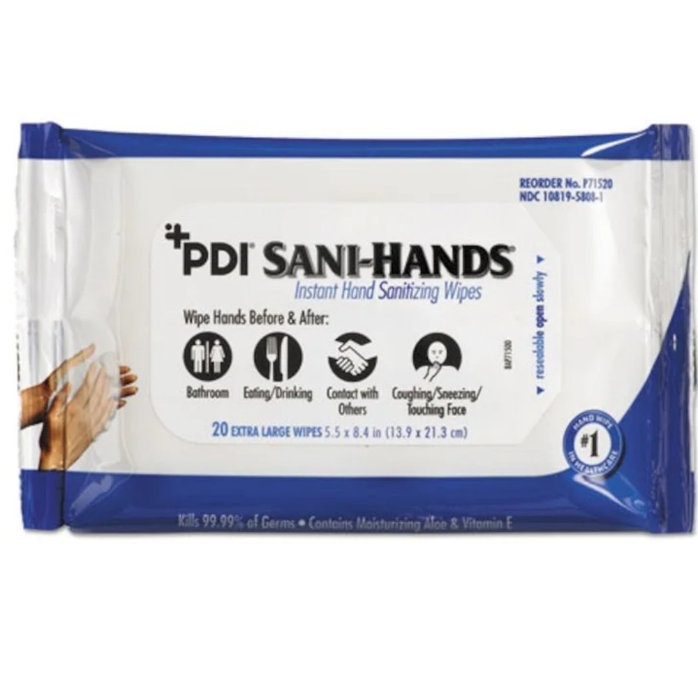 PDI Sani-Hands Instant Hand Sanitizing Wipes.  Extra Large Wipes 20 In Pack
